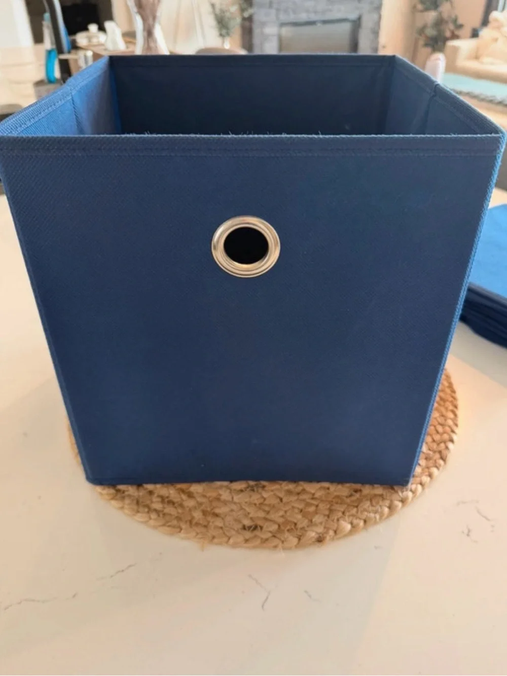 (4) Navy Fabric Storage Bin with Metal Grommet - Home Accents. 11” x 11”